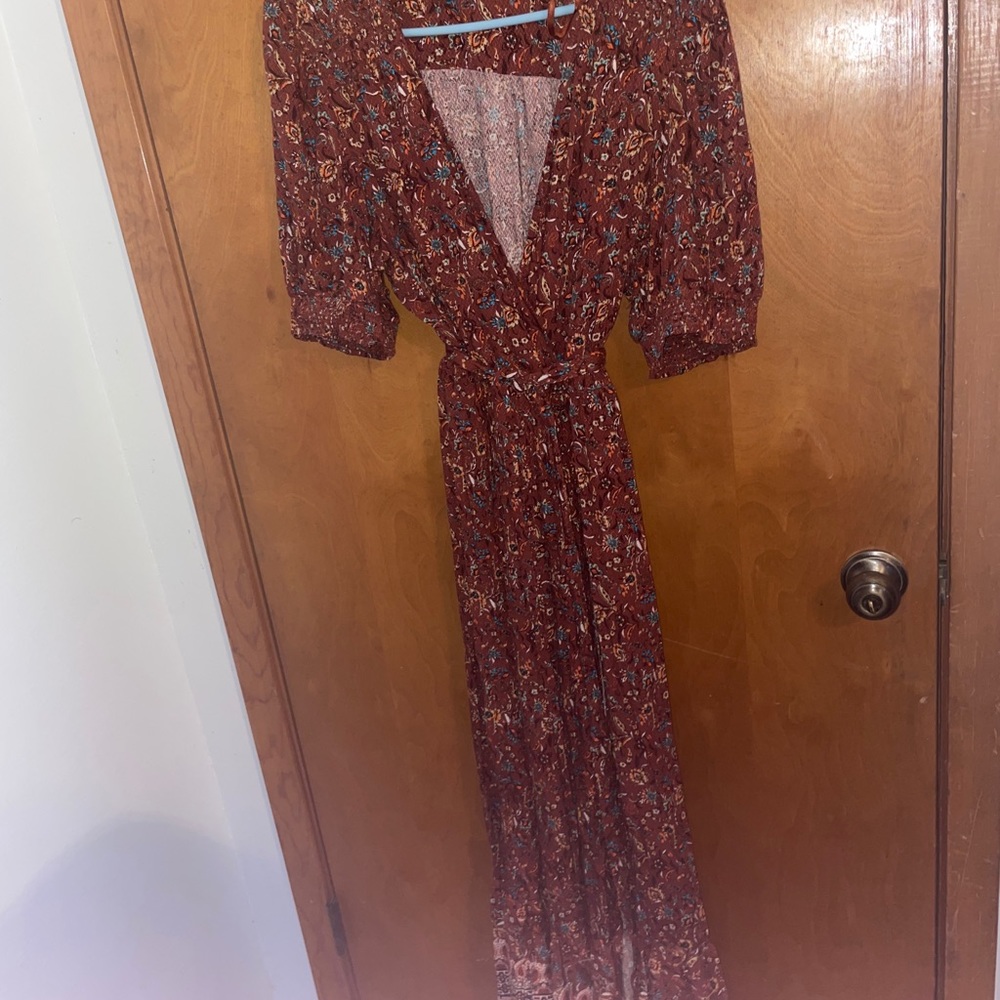 Rust Red Boho Hippie Maxi Slit Dress V Neck Wrap with Belt